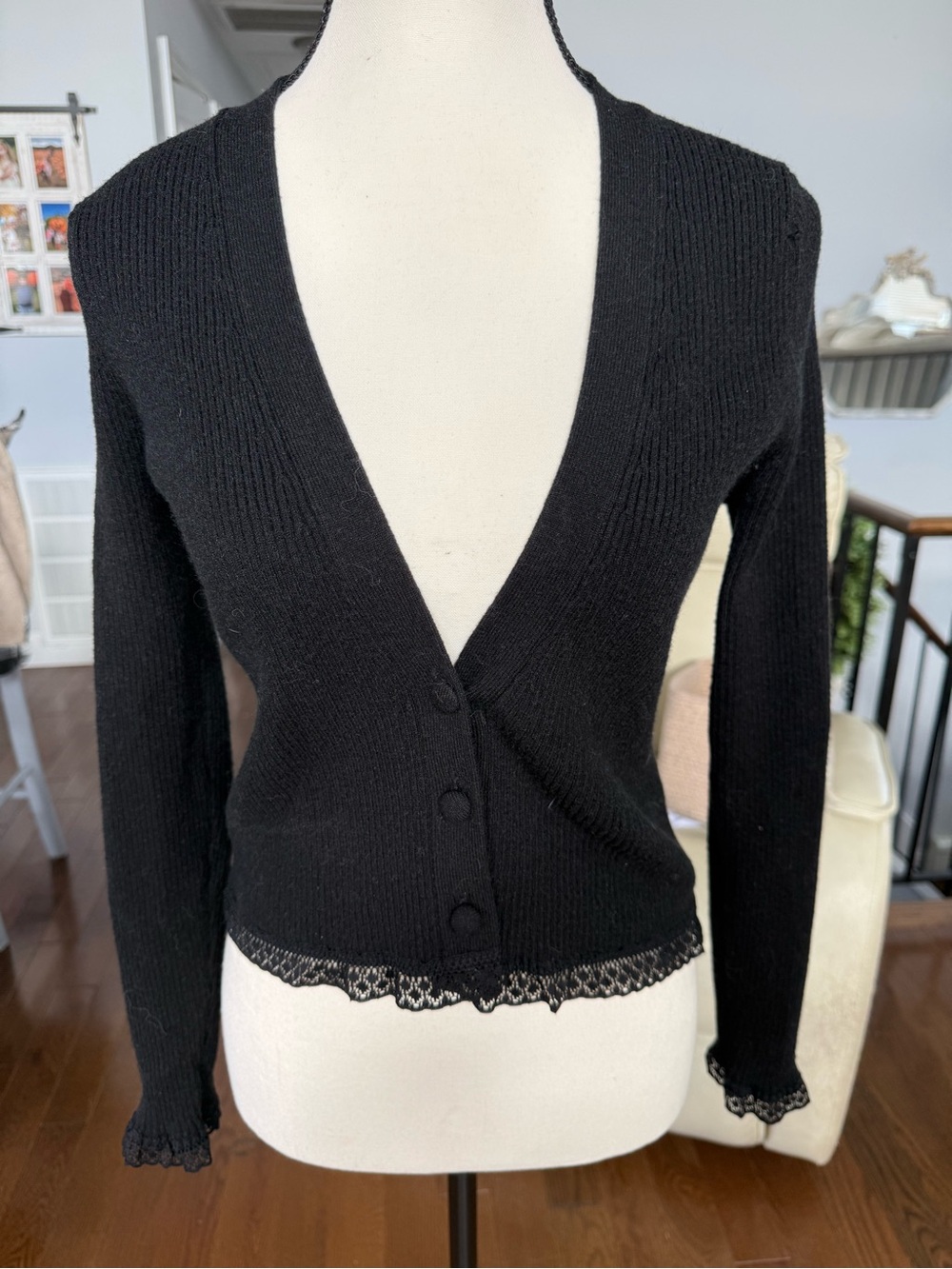 For Love And Lemons Viscose Blend Black Lace-Trim Deep V Button Cardigan